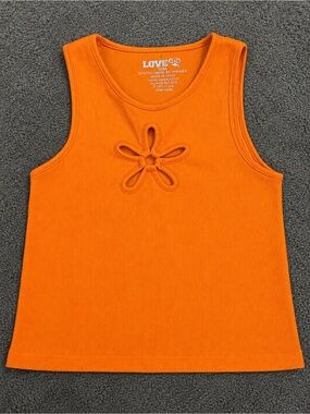LOVE Bright Orange Ribbed Tank with Flower Cutout